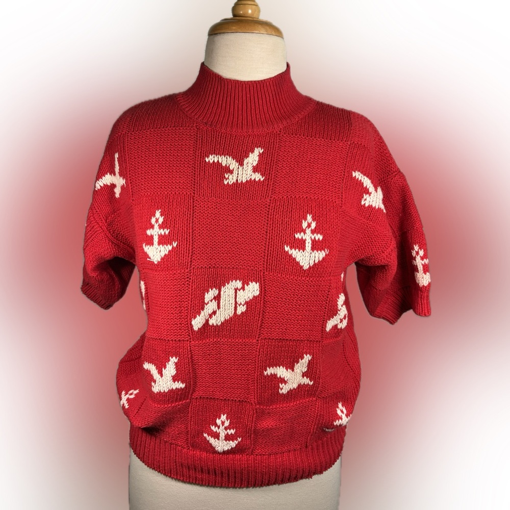 💕Vintage💕 Herman Geist Short Sleeve Cable Knit Sweater Bird Mock Neck Nautical